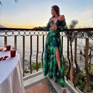 RUNAWAY the Label Karma Maxi Dress Blue Green Floral